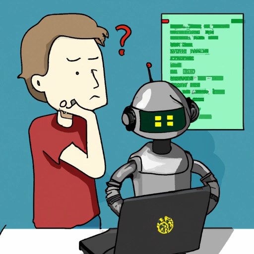 A robot writing code for a human software developer.